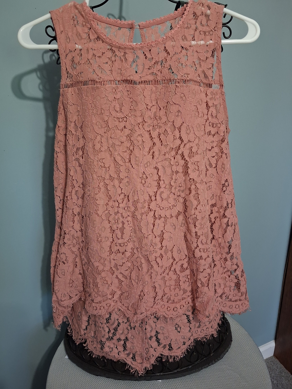 Blush Pink Lacy Sleeveless Tunic, Scalloped Hem, Lined, Sz M